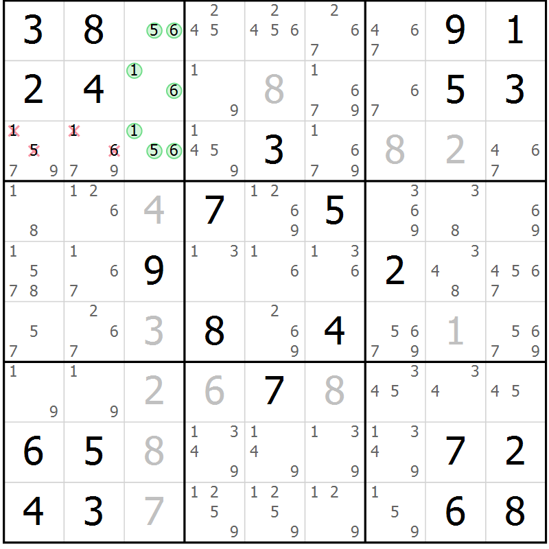 Position des candidats pour la solution de la Gr 14 page 17 du magazine de sudoku Giga sudoku niv 6-8 n° 032