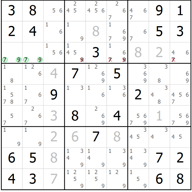 Position des candidats pour la solution de la Gr 14 page 17 du magazine de sudoku Giga sudoku niv 6-8 n° 032
