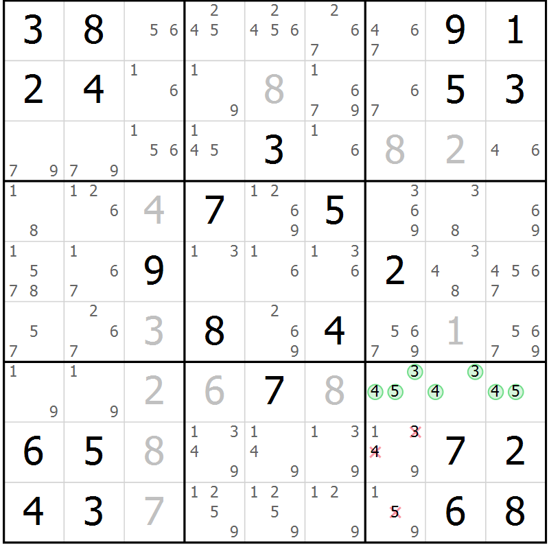 Position des candidats pour la solution de la Gr 14 page 17 du magazine de sudoku Giga sudoku niv 6-8 n° 032