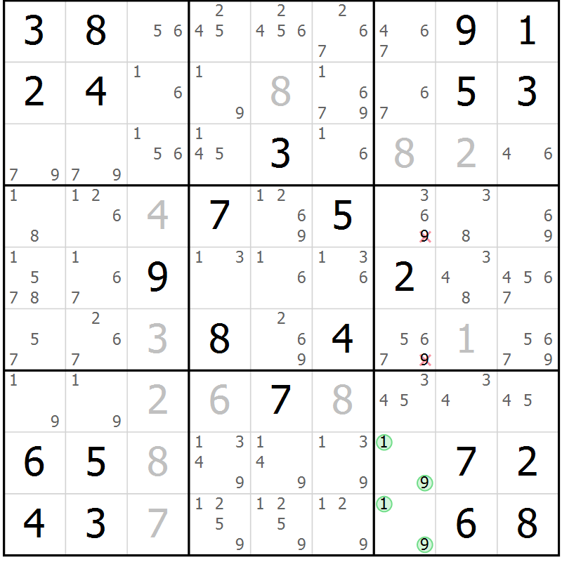 Position des candidats pour la solution de la Gr 14 page 17 du magazine de sudoku Giga sudoku niv 6-8 n° 032