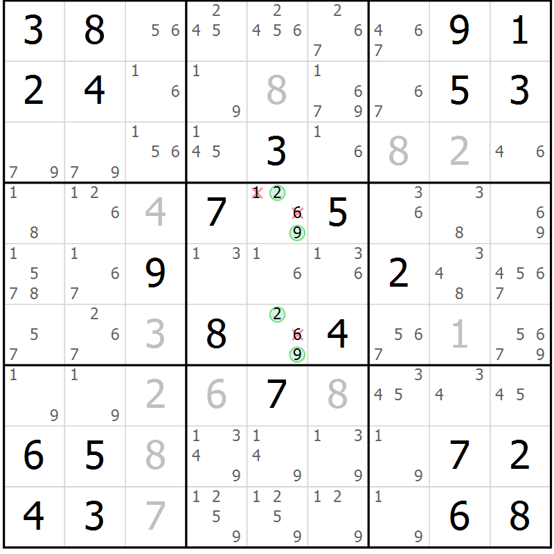 Position des candidats pour la solution de la Gr 14 page 17 du magazine de sudoku Giga sudoku niv 6-8 n° 032