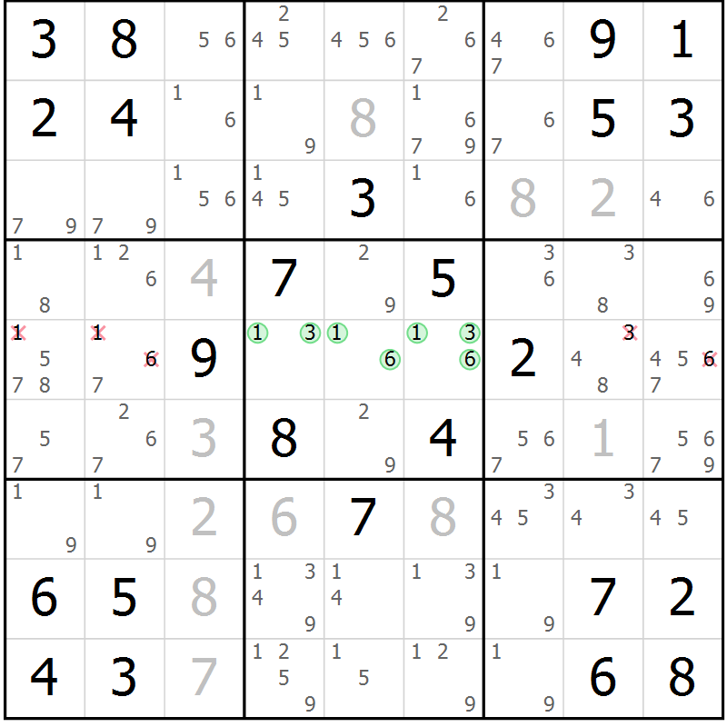 Position des candidats pour la solution de la Gr 14 page 17 du magazine de sudoku Giga sudoku niv 6-8 n° 032