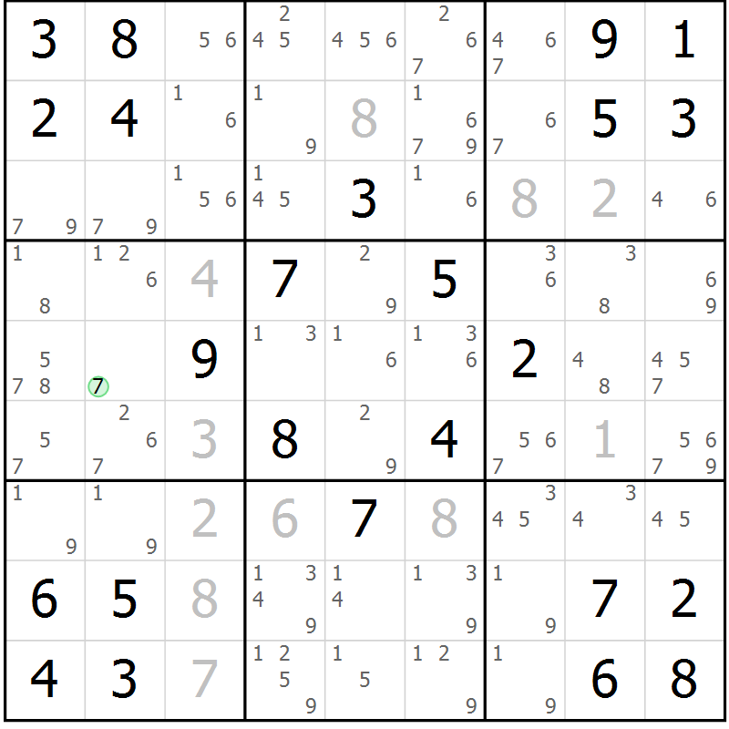 Position des candidats pour la solution de la Gr 14 page 17 du magazine de sudoku Giga sudoku niv 6-8 n° 032