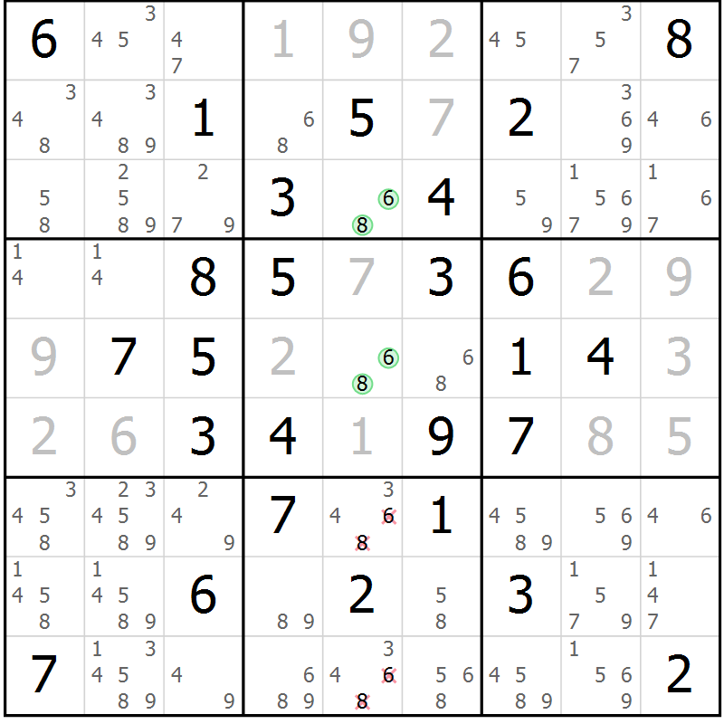 Position des candidats pour la solution de la Gr 15 page 18 du magazine de sudoku Giga sudoku niv 6-8 n° 032