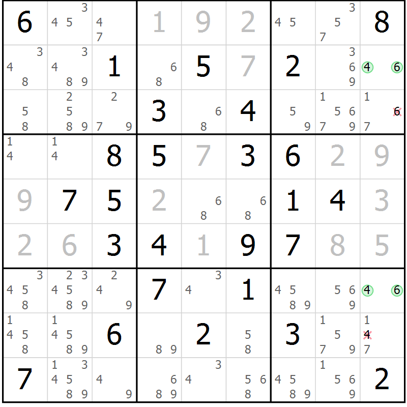 Position des candidats pour la solution de la Gr 15 page 18 du magazine de sudoku Giga sudoku niv 6-8 n° 032
