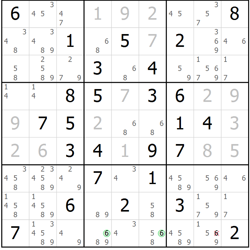 Position des candidats pour la solution de la Gr 15 page 18 du magazine de sudoku Giga sudoku niv 6-8 n° 032