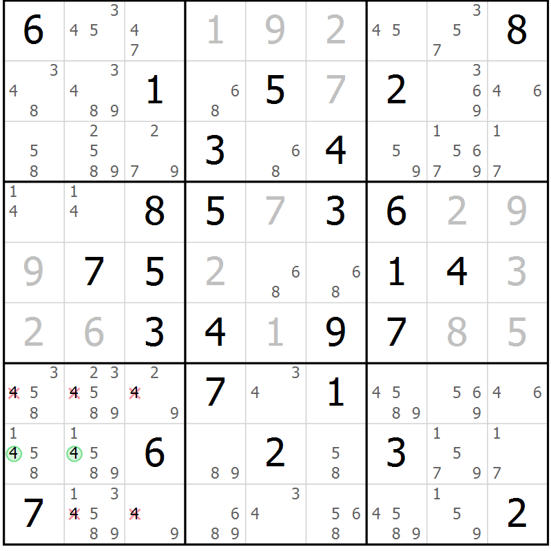 Position des candidats pour la solution de la Gr 15 page 18 du magazine de sudoku Giga sudoku niv 6-8 n° 032