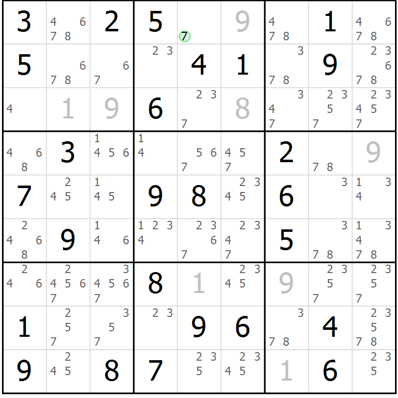 Position des candidats pour la solution de la Gr 16 page 19 du magazine de sudoku Giga sudoku niv 6-8 n° 032