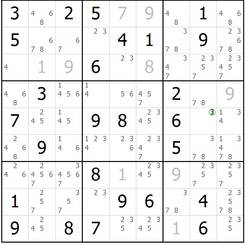 Position des candidats pour la solution de la Gr 16 page 19 du magazine de sudoku Giga sudoku niv 6-8 n° 032