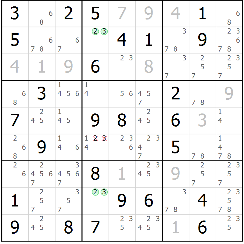 Position des candidats pour la solution de la Gr 16 page 19 du magazine de sudoku Giga sudoku niv 6-8 n° 032