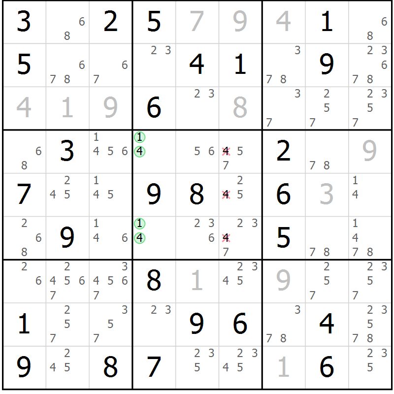 Position des candidats pour la solution de la Gr 16 page 19 du magazine de sudoku Giga sudoku niv 6-8 n° 032