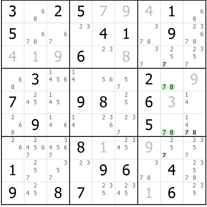 Position des candidats pour la solution de la Gr 16 page 19 du magazine de sudoku Giga sudoku niv 6-8 n° 032