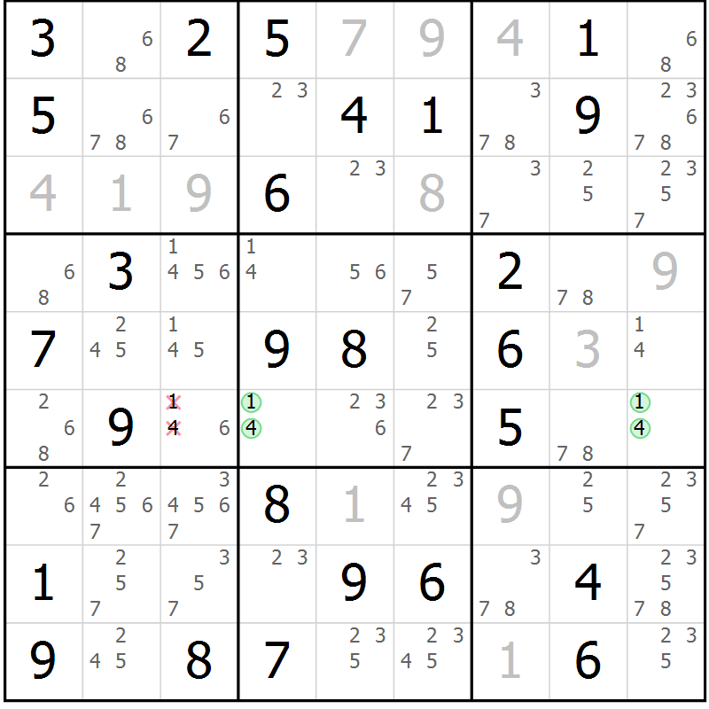 Position des candidats pour la solution de la Gr 16 page 19 du magazine de sudoku Giga sudoku niv 6-8 n° 032