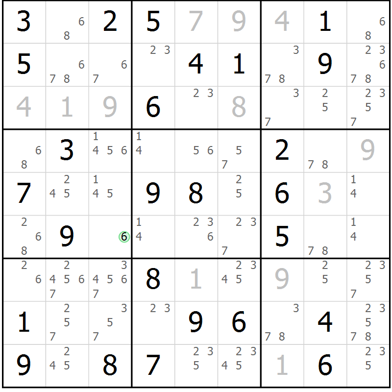 Position des candidats pour la solution de la Gr 16 page 19 du magazine de sudoku Giga sudoku niv 6-8 n° 032
