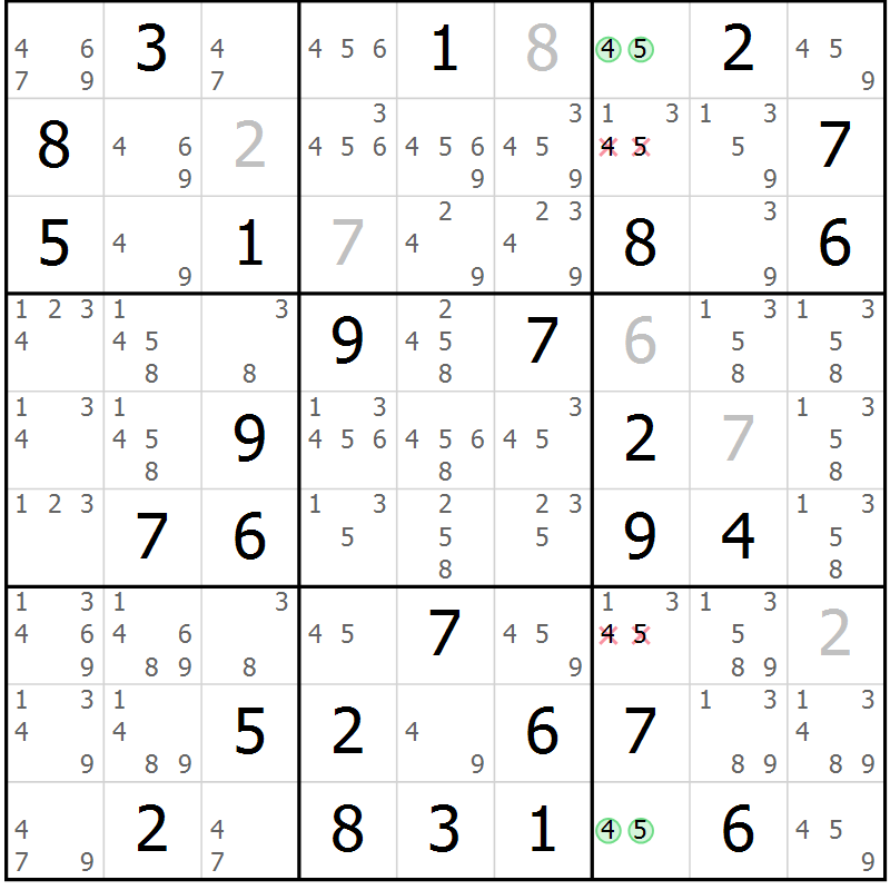 Position des candidats pour la solution de la Gr 17 page 20 du magazine de sudoku Giga sudoku niv 6-8 n° 032