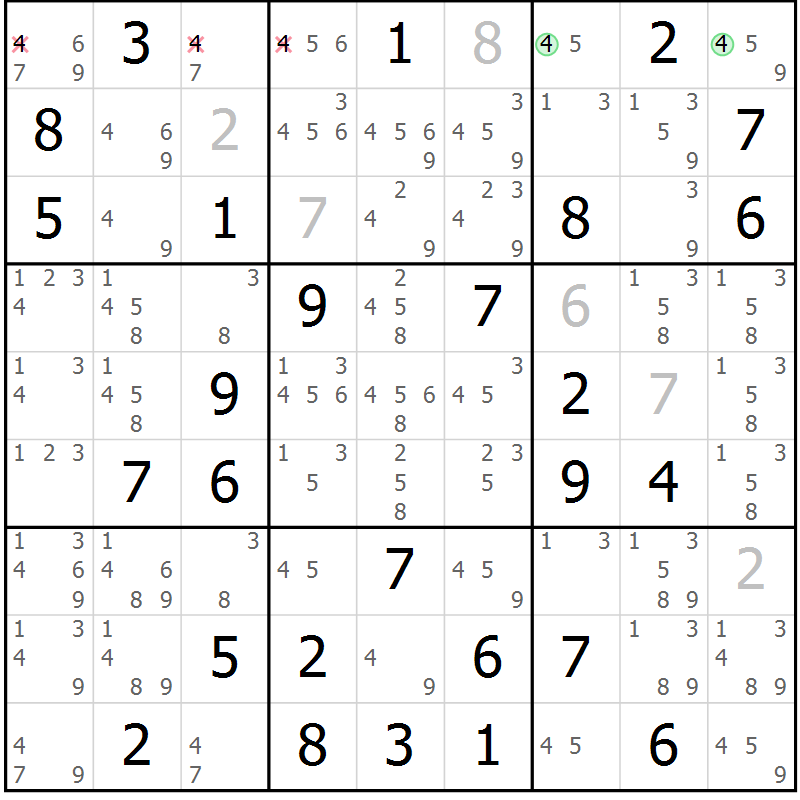 Position des candidats pour la solution de la Gr 17 page 20 du magazine de sudoku Giga sudoku niv 6-8 n° 032