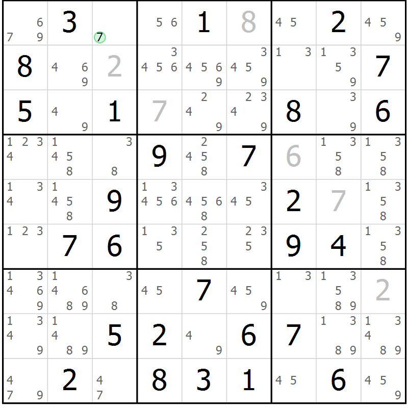 Position des candidats pour la solution de la Gr 17 page 20 du magazine de sudoku Giga sudoku niv 6-8 n° 032