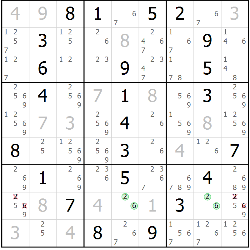 Position des candidats pour la solution de la Gr 18 page 21 du magazine de sudoku Giga sudoku niv 6-8 n° 032