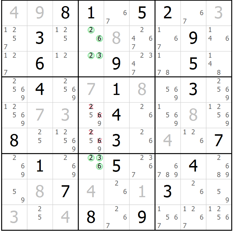 Position des candidats pour la solution de la Gr 18 page 21 du magazine de sudoku Giga sudoku niv 6-8 n° 032