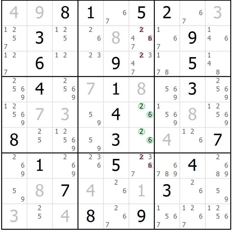 Position des candidats pour la solution de la Gr 18 page 21 du magazine de sudoku Giga sudoku niv 6-8 n° 032