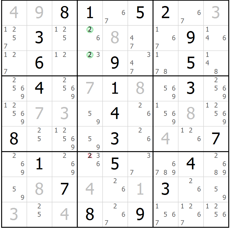 Position des candidats pour la solution de la Gr 18 page 21 du magazine de sudoku Giga sudoku niv 6-8 n° 032
