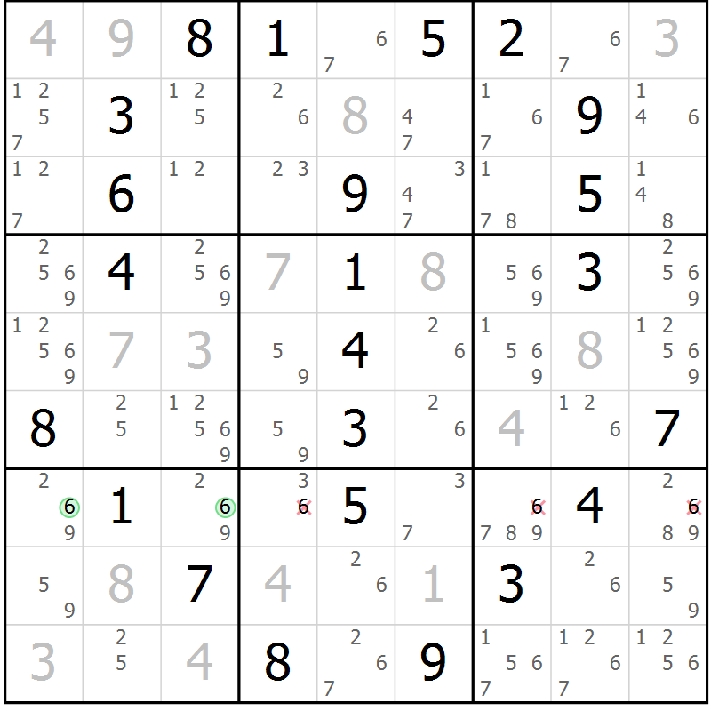 Position des candidats pour la solution de la Gr 18 page 21 du magazine de sudoku Giga sudoku niv 6-8 n° 032