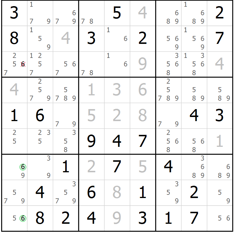 Position des candidats pour la solution de la Gr 19 page 22 du magazine de sudoku Giga sudoku niv 6-8 n° 032
