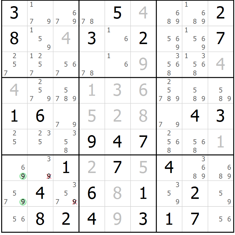 Position des candidats pour la solution de la Gr 19 page 22 du magazine de sudoku Giga sudoku niv 6-8 n° 032
