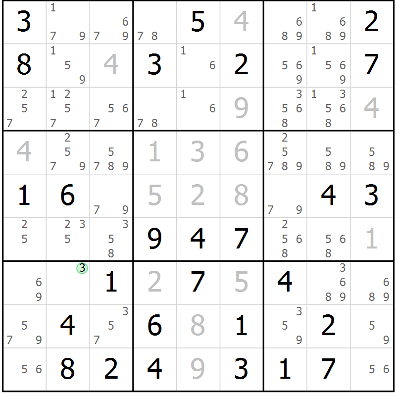 Position des candidats pour la solution de la Gr 19 page 22 du magazine de sudoku Giga sudoku niv 6-8 n° 032