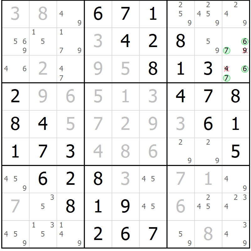 Position des candidats pour la solution de la Gr 2 page 5 du magazine de sudoku Giga sudoku niv 6-8 n° 032