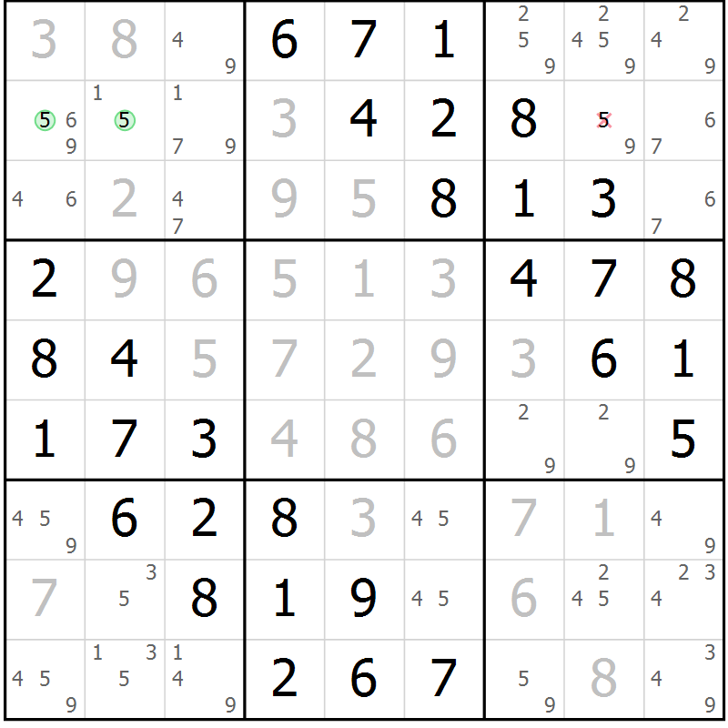 Position des candidats pour la solution de la Gr 2 page 5 du magazine de sudoku Giga sudoku niv 6-8 n° 032
