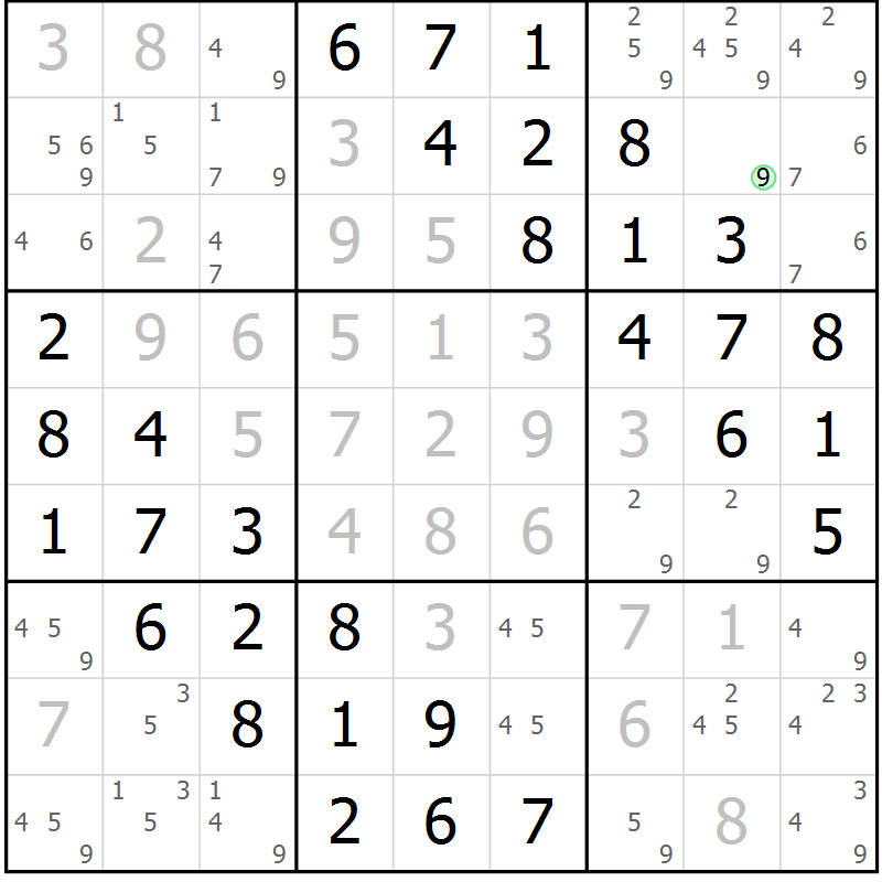 Position des candidats pour la solution de la Gr 2 page 5 du magazine de sudoku Giga sudoku niv 6-8 n° 032