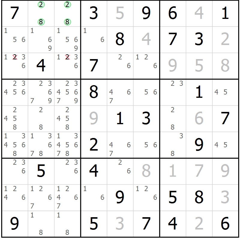 Position des candidats pour la solution de la Gr 20 page 23 du magazine de sudoku Giga sudoku niv 6-8 n° 032