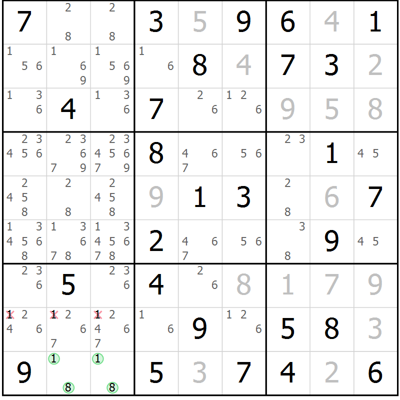 Position des candidats pour la solution de la Gr 20 page 23 du magazine de sudoku Giga sudoku niv 6-8 n° 032
