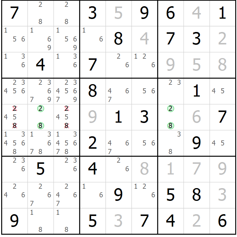 Position des candidats pour la solution de la Gr 20 page 23 du magazine de sudoku Giga sudoku niv 6-8 n° 032
