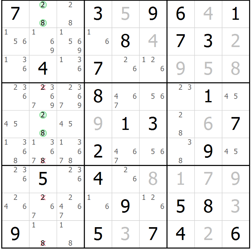 Position des candidats pour la solution de la Gr 20 page 23 du magazine de sudoku Giga sudoku niv 6-8 n° 032