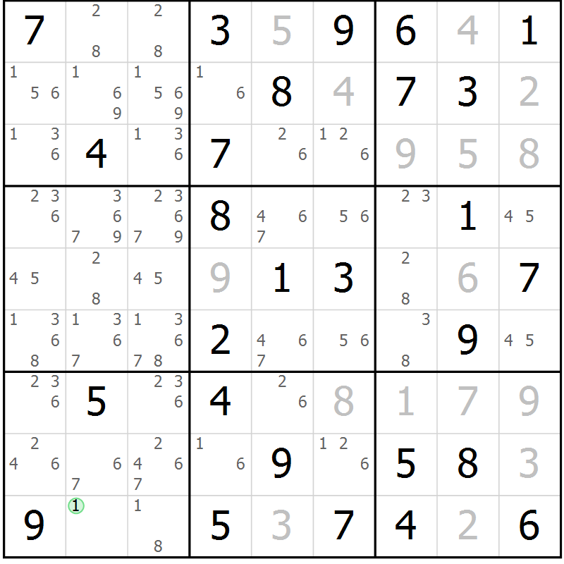 Position des candidats pour la solution de la Gr 20 page 23 du magazine de sudoku Giga sudoku niv 6-8 n° 032