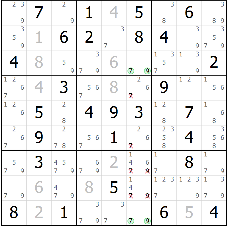 Position des candidats pour la solution de la Gr 21 page 24 du magazine de sudoku Giga sudoku niv 6-8 n° 032