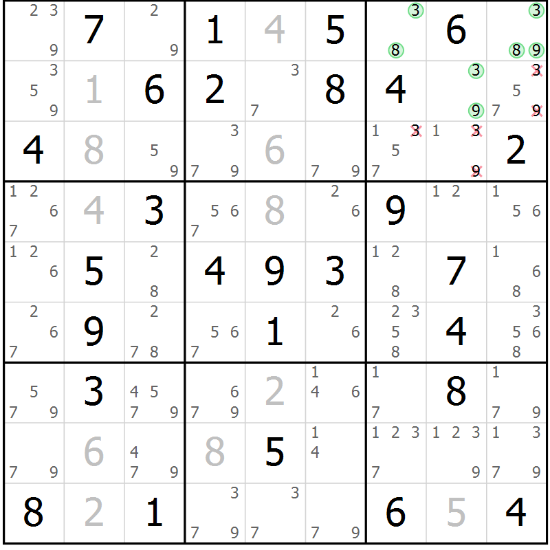 Position des candidats pour la solution de la Gr 21 page 24 du magazine de sudoku Giga sudoku niv 6-8 n° 032