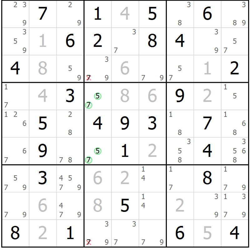Position des candidats pour la solution de la Gr 21 page 24 du magazine de sudoku Giga sudoku niv 6-8 n° 032