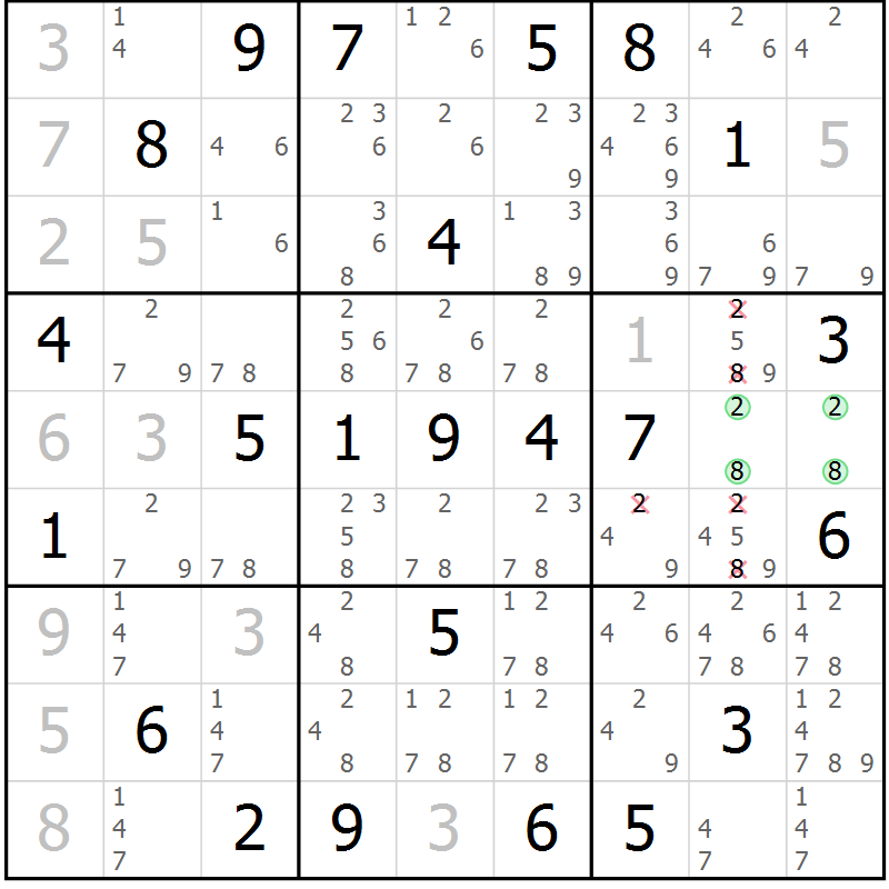 Position des candidats pour la solution de la Gr 22 page 25 du magazine de sudoku Giga sudoku niv 6-8 n° 032
