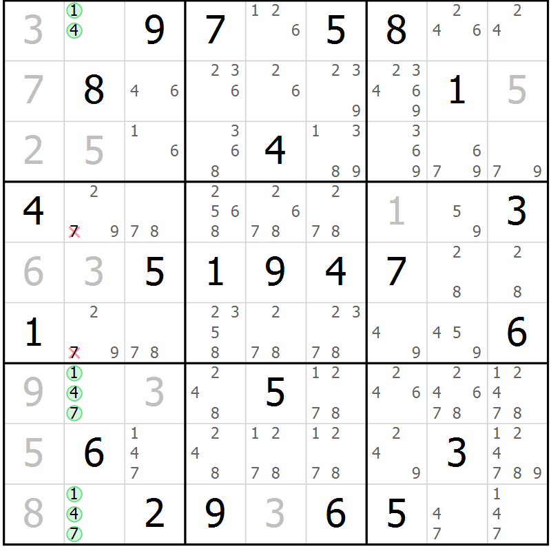 Position des candidats pour la solution de la Gr 22 page 25 du magazine de sudoku Giga sudoku niv 6-8 n° 032