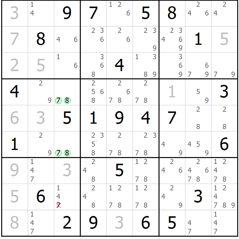 Position des candidats pour la solution de la Gr 22 page 25 du magazine de sudoku Giga sudoku niv 6-8 n° 032