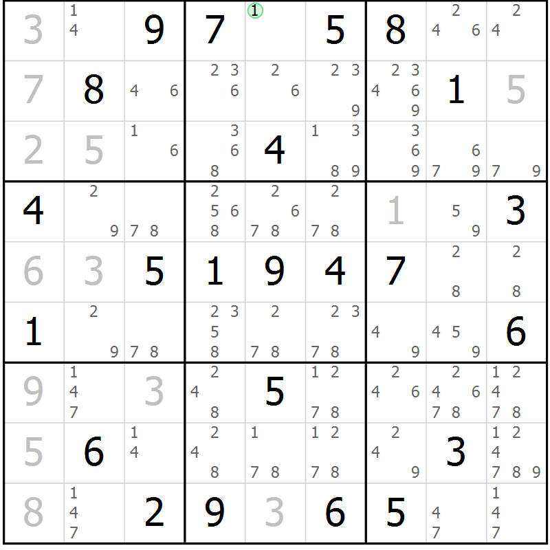 Position des candidats pour la solution de la Gr 22 page 25 du magazine de sudoku Giga sudoku niv 6-8 n° 032