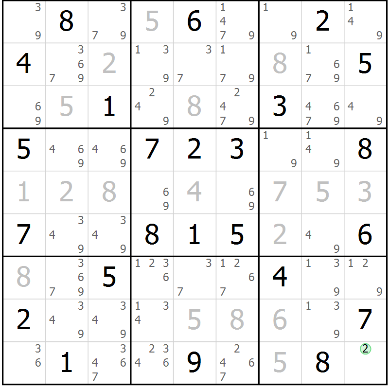 Position des candidats pour la solution de la Gr 23 page 26 du magazine de sudoku Giga sudoku niv 6-8 n° 032