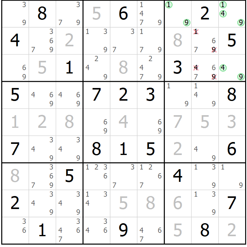 Position des candidats pour la solution de la Gr 23 page 26 du magazine de sudoku Giga sudoku niv 6-8 n° 032