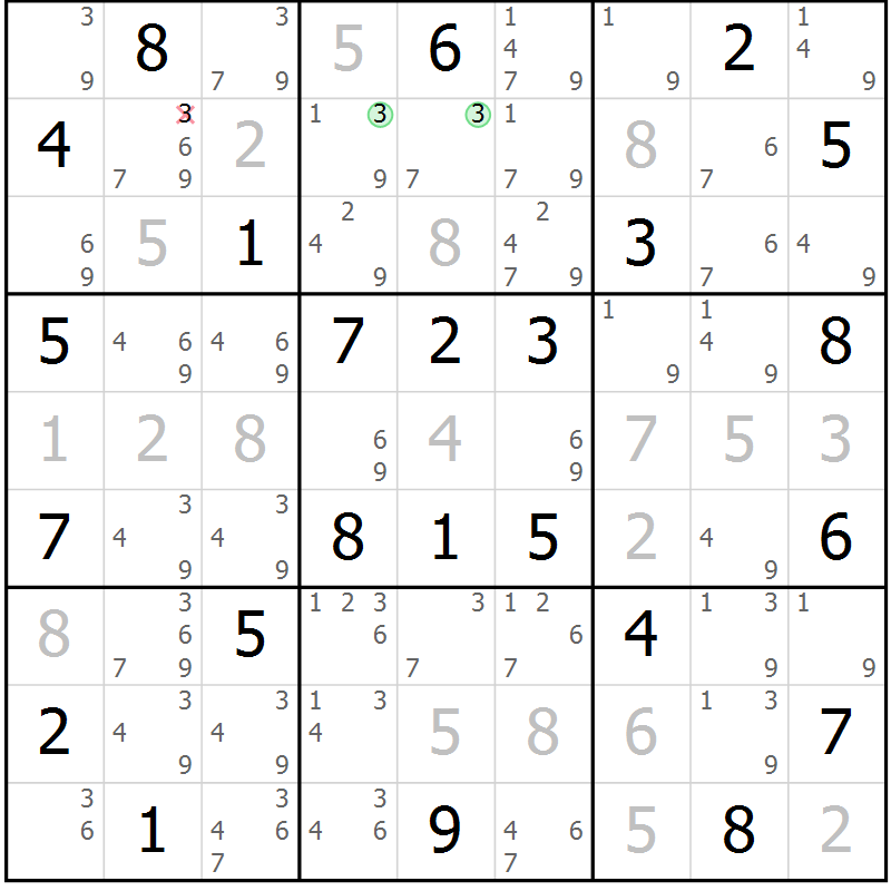 Position des candidats pour la solution de la Gr 23 page 26 du magazine de sudoku Giga sudoku niv 6-8 n° 032