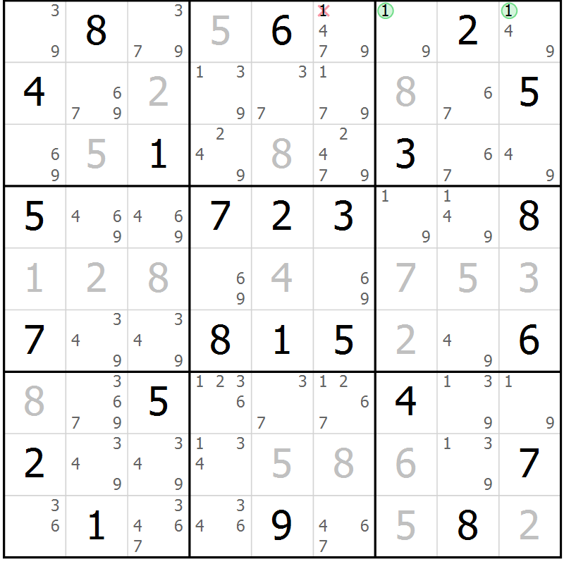 Position des candidats pour la solution de la Gr 23 page 26 du magazine de sudoku Giga sudoku niv 6-8 n° 032