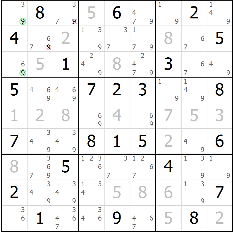 Position des candidats pour la solution de la Gr 23 page 26 du magazine de sudoku Giga sudoku niv 6-8 n° 032