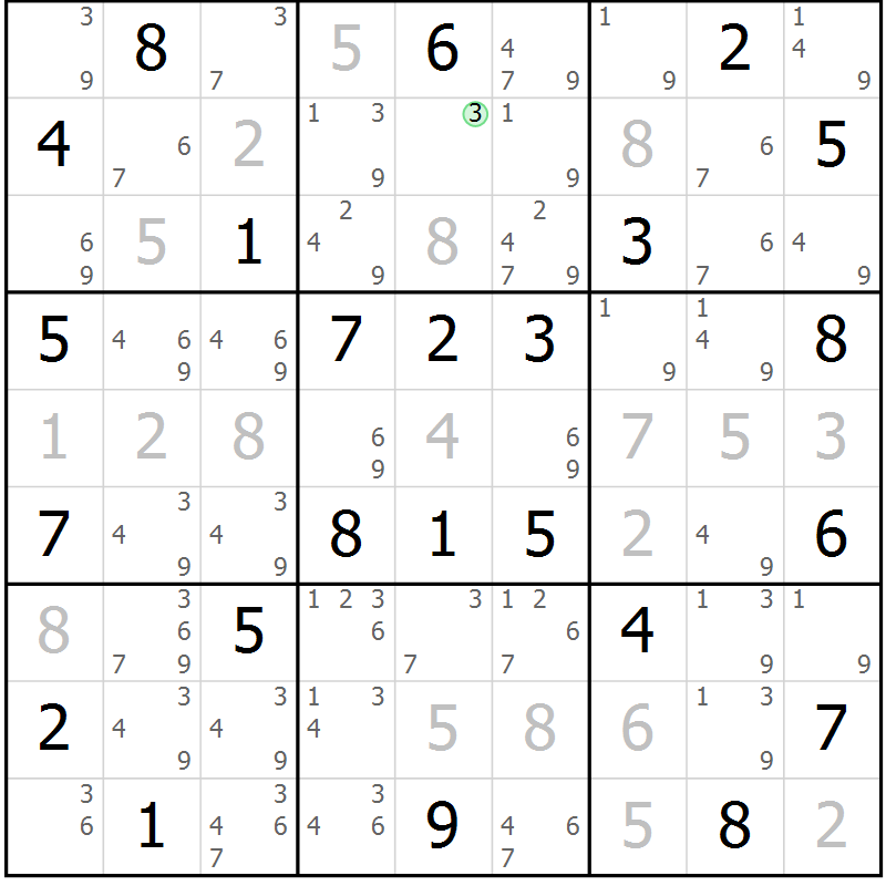 Position des candidats pour la solution de la Gr 23 page 26 du magazine de sudoku Giga sudoku niv 6-8 n° 032